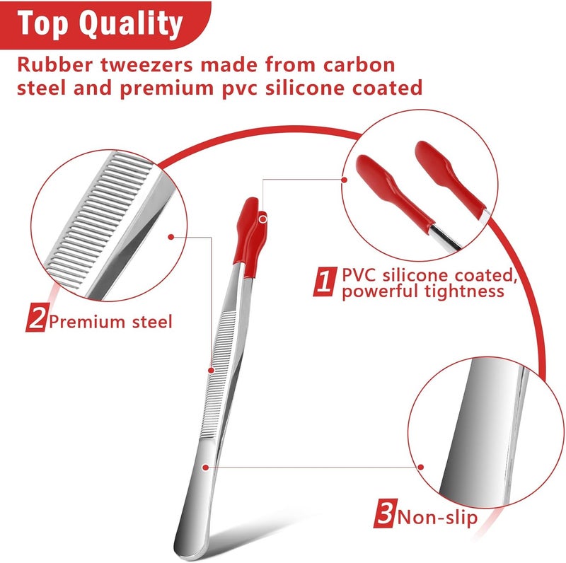 Anglekai 3PCS Tip Tweezers, Silicone Rubber Flat Tipped Tweezers Bent Tip for Jewelry Coin Stamp (Red) - Image 3